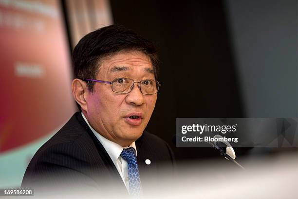 He Guangbei, chief executive officer of BOC Hong Kong Ltd., speaks during a news conference following the company's annual general meeting in Hong...