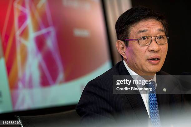 He Guangbei, chief executive officer of BOC Hong Kong Ltd., speaks during a news conference following the company's annual general meeting in Hong...