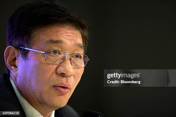 He Guangbei, chief executive officer of BOC Hong Kong Ltd., speaks during a news conference following the company's annual general meeting in Hong...