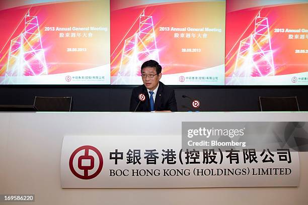 He Guangbei, chief executive officer of BOC Hong Kong Ltd., speaks during a news conference following the company's annual general meeting in Hong...