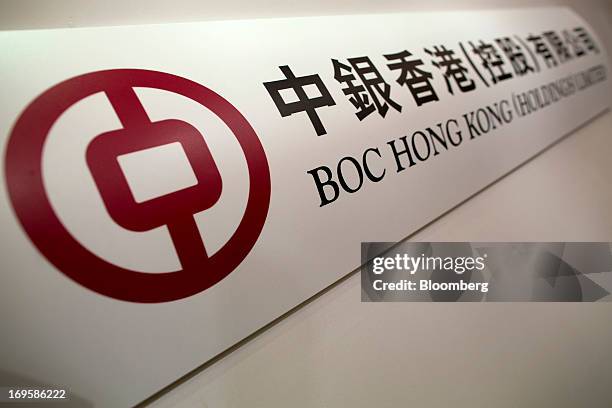The BOC Hong Kong Ltd. Logo is displayed during a news conference following the company's annual general meeting in Hong Kong, China, on Tuesday, May...
