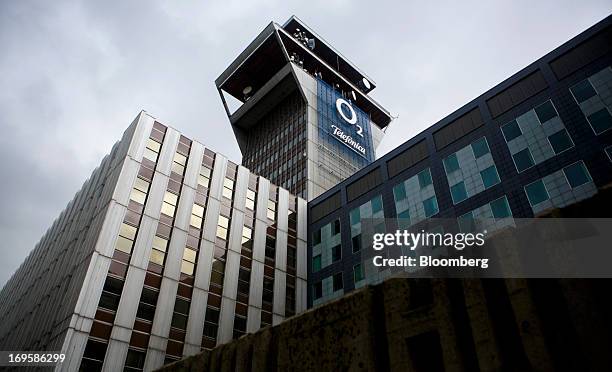 An O2 logo sits on display on the digital transmission tower at the Telefonica Czech Republic AS offices in Prague, Czech Republic, on Monday, May...