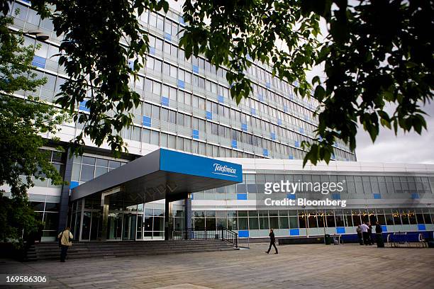 Logo sits on display outside the entrance to the Telefonica Czech Republic AS offices in Prague, Czech Republic, on Monday, May 27, 2013. Czech...