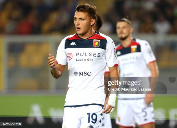 Mateo Retegui of Genoa in action during the Serie A TIM match between US Lecce and Genoa CFC at Stadio Via del Mare on September 22, 2023 in Lecce,...