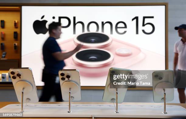 New Apple iPhone 15 models are displayed in the Apple The Grove store on the phone’s worldwide release day on September 22, 2023 in Los Angeles,...