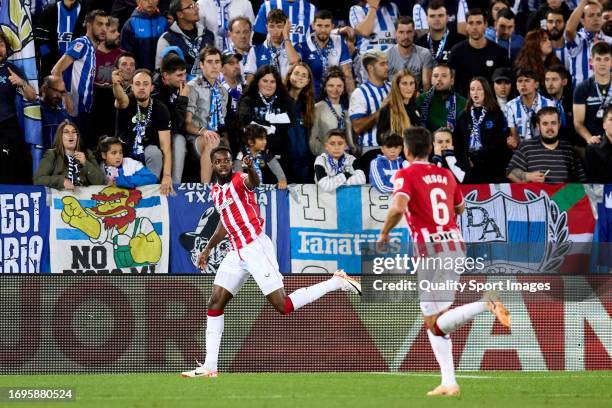 Inaki Williams of Athletic Club celebrates after scoring his team's first goal during the LaLiga EA Sports match between Deportivo Alaves and...