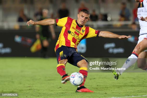 Nikola Krstovic of Lecce in action during the Serie A TIM match between US Lecce and Genoa CFC at Stadio Via del Mare on September 22, 2023 in Lecce,...