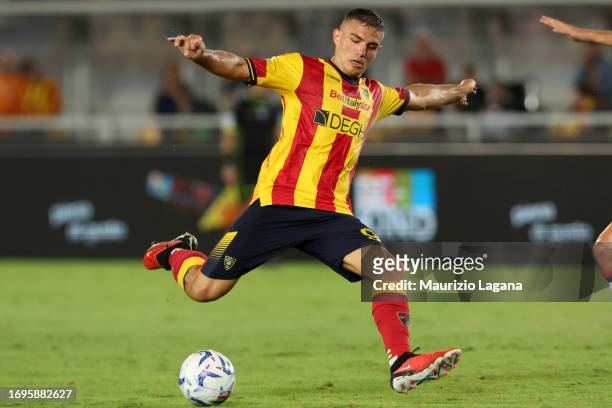 Nikola Krstovic of Lecce in action during the Serie A TIM match between US Lecce and Genoa CFC at Stadio Via del Mare on September 22, 2023 in Lecce,...