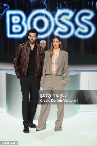 Matteo Berrettini and Melissa Satta attend the Boss fashion show during the Milan Fashion Week Womenswear Spring/Summer 2024 on September 22, 2023 in...