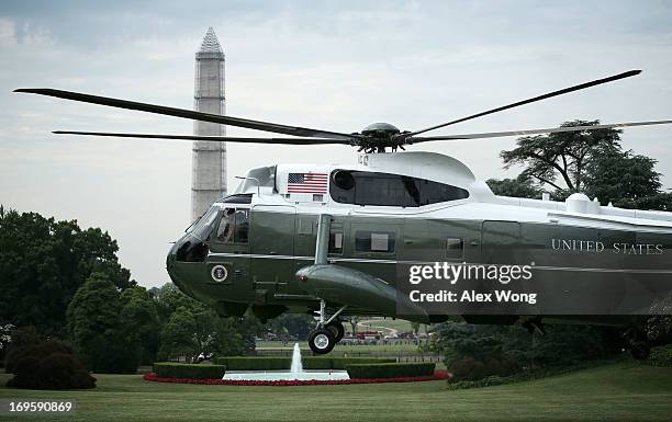 The helicopter that will serve as the Marine One lands at the South Lawn of the White House prior to a departure for U.S. President Barack Obama from...