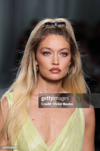Gigi Hadid walks the runway at the Versace fashion show during the Milan Fashion Week Womenswear Spring/Summer 2024 on September 22, 2023 in Milan,...