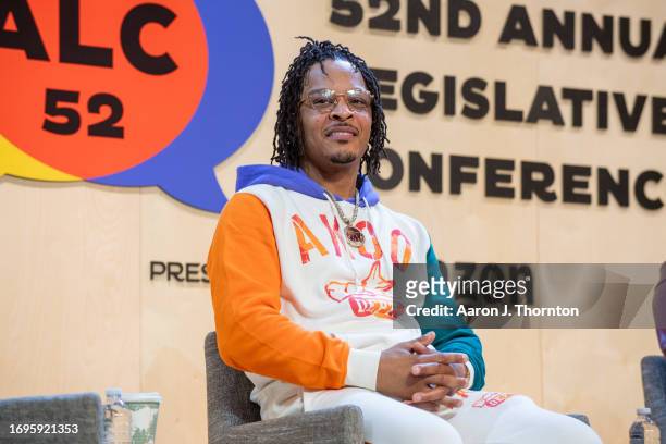 Rapper/actor T.I. Harris speaks during the Young, Gifted, and Black: the 50th Anniversary of Hip-Hop panel at the Congressional Black Caucus...