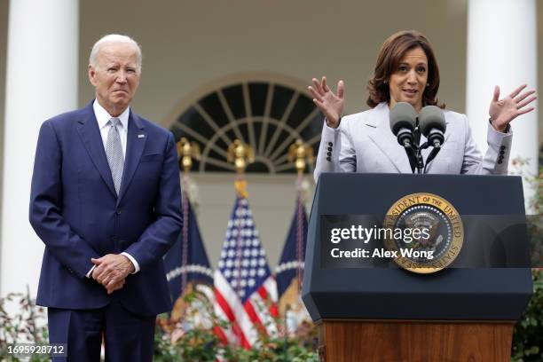 Vice President Kamala Harris speaks as President Joe Biden listens at a Rose Garden event on gun safety at the White House on September 22, 2023 in...