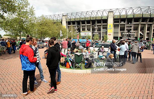 Fans in the West Car Park during the Aviva Premiership Final between Leicester Tigers and Northampton Saints at Twickenham Stadium on May 25, 2013 in...