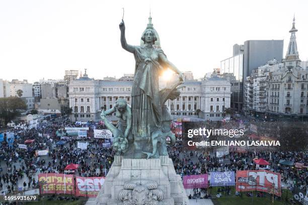 In this aerial view women take part in a march in defense of legal abortion in Buenos Aires, on September 28, 2023. Thousands of people marched this...