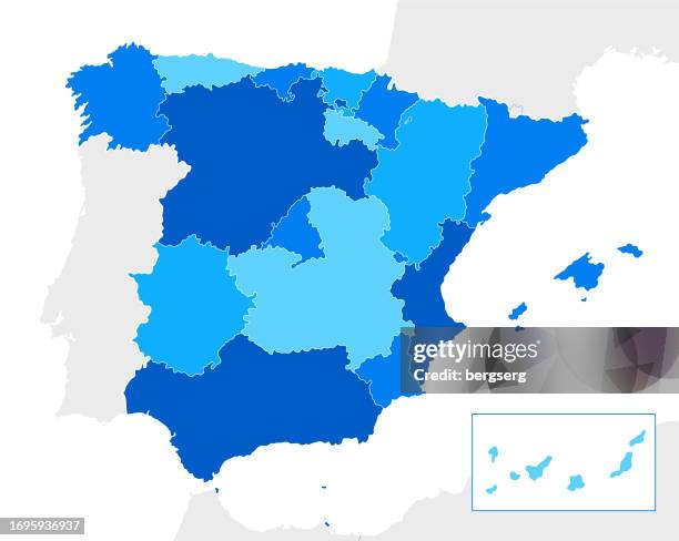 ilustraciones, imágenes clip art, dibujos animados e iconos de stock de mapa azul de españa altamente detallado con regiones y fronteras nacionales de portugal, andorra, gibraltar, francia, marruecos, argelia - portugal algeria