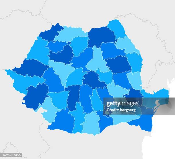 high detailed romania blue map with regions and national borders of bulgaria, serbia, hungary, ukraine, slovakia, greece - bucharest map stock illustrations