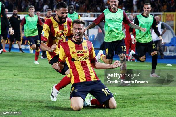 Rémi Oudin of US Lecce celebrates a goal during the Serie A TIM match between US Lecce and Genoa CFC at Stadio Via del Mare on September 22, 2023 in...