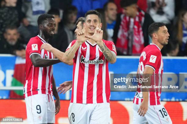 Oihan Sancet of Athletic Club celebrates after scoring their sides second goal during the LaLiga EA Sports match between Deportivo Alaves and...