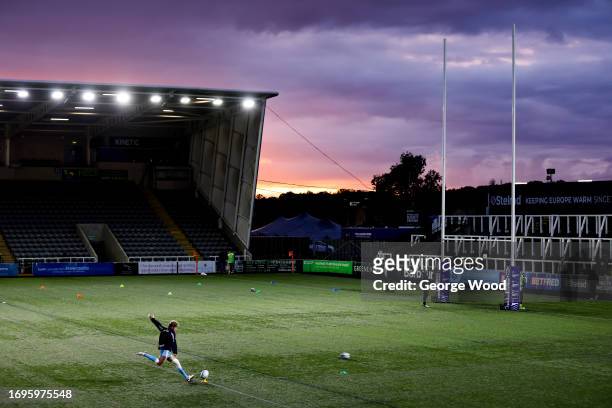 General view of a player practicing prior to the Premiership Rugby Cup match between Newcastle Falcons and Sale Sharks at Kingston Park on September...