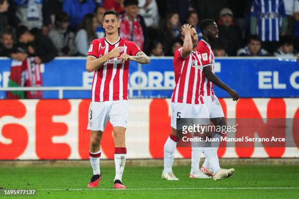 Oihan Sancet of Athletic Club celebrates after scoring their sides second goal during the LaLiga EA Sports match between Deportivo Alaves and...