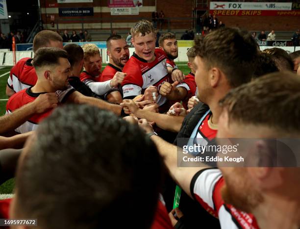 Captain Arthur Clark of Gloucester Rugby gives a team talk after their Premiership Rugby Cup win against Harlequins at Kingsholm Stadium on September...