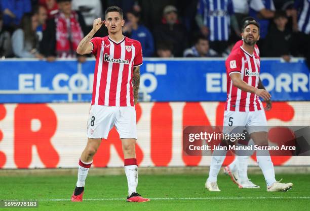 Oihan Sancet of Athletic Club celebrates after scoring their sides second goal during the LaLiga EA Sports match between Deportivo Alaves and...