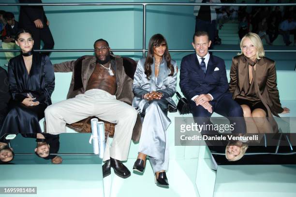 Sonam Kapoor Ahuja, Burna Boy, Naomi Campbell, Boss Ceo Daniel Grieder and a guest attend the Boss fashion show during the Milan Fashion Week...