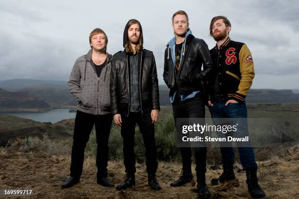 Ben McKee, Wayne Sermon and Dan Reynolds and Dan Platzman of Imagine Dragons poses for a portrait backstage on Day 4 of Sasquatch! Music Festival on...