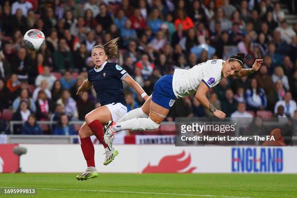 Lucy Bronze of England scores the team's first goal during the UEFA Women's Nations League match between England and Scotland at Stadium of Light on...