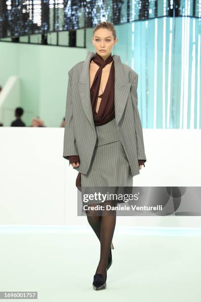 Gigi Hadid walks the runway at the Boss fashion show during the Milan Fashion Week Womenswear Spring/Summer 2024 on September 22, 2023 in Milan,...