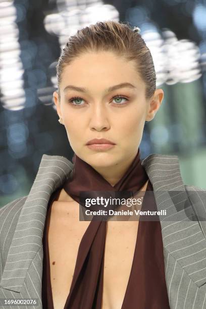 Gigi Hadid walks the runway at the Boss fashion show during the Milan Fashion Week Womenswear Spring/Summer 2024 on September 22, 2023 in Milan,...