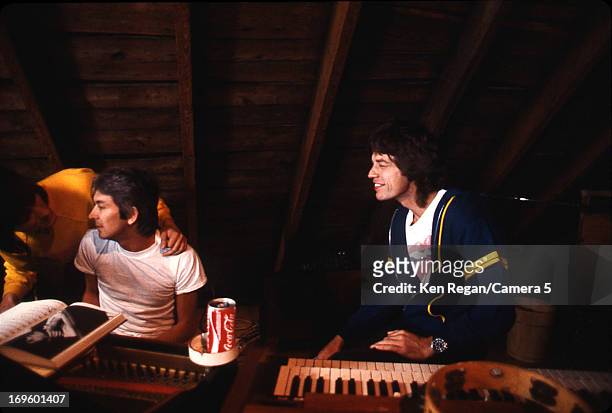 Ronnie Wood and Mick Jagger of the Rolling Stones are photographed while recording at Longview Farm in September 1981 in Worcester, Massachusetts....