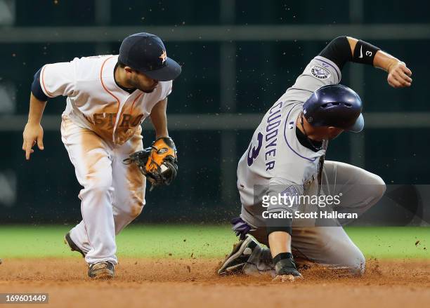 Michael Cuddyer of the Colorado Rockies is safe at second base during the ninth inning under the tag of the Jose Altuve of Houston Astros at Minute...