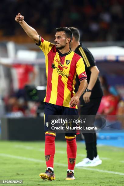 Nicola Sansone of Lecce gestures during the Serie A TIM match between US Lecce and Genoa CFC at Stadio Via del Mare on September 22, 2023 in Lecce,...