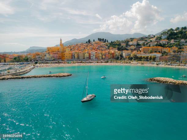 aerial view of sailing boat on the coast of italy - liguria stockfoto's en -beelden