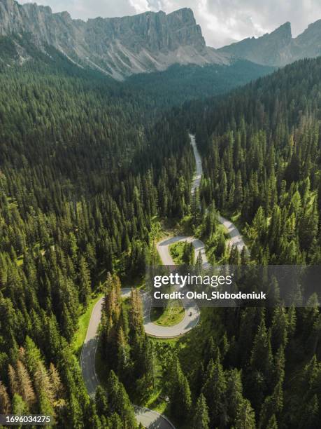 vista aerea della strada dei serpenti in estate nelle dolomiti - alpi svizzere foto e immagini stock