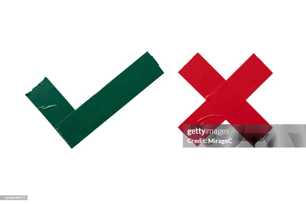 Duct Tape Green Tick and Red X Mark Isolated on White