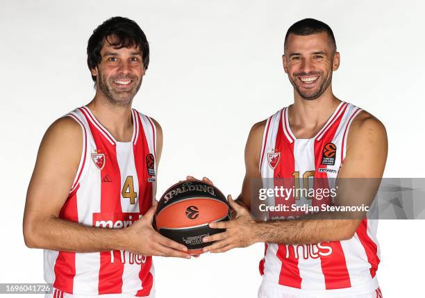 Milos Teodosic, #4 and Branko Lazic, #10 poses during 2023/2024 Turkish Airlines EuroLeague Media Day Crvena Zvezda Meridianbet Belgrade at...