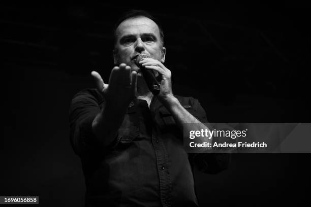 Hansi Kürsch of Blind Guardian performs at Huxleys Neue Welt on September 28, 2023 in Berlin, Germany.