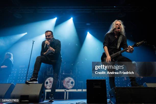 Hansi Kürsch and Marcus Siepen of Blind Guardian perform at Huxleys Neue Welt on September 28, 2023 in Berlin, Germany.