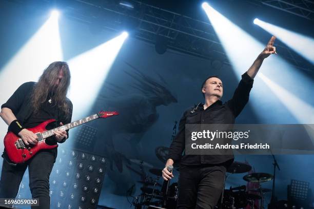 André Olbrich and Hansi Kürsch of Blind Guardian perform at Huxleys Neue Welt on September 28, 2023 in Berlin, Germany.