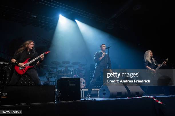 André Olbrich, Hansi Kürsch and Marcus Siepen of Blind Guardian perform at Huxleys Neue Welt on September 28, 2023 in Berlin, Germany.