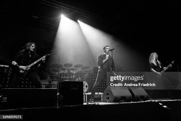 André Olbrich, Hansi Kürsch and Marcus Siepen of Blind Guardian perform at Huxleys Neue Welt on September 28, 2023 in Berlin, Germany.