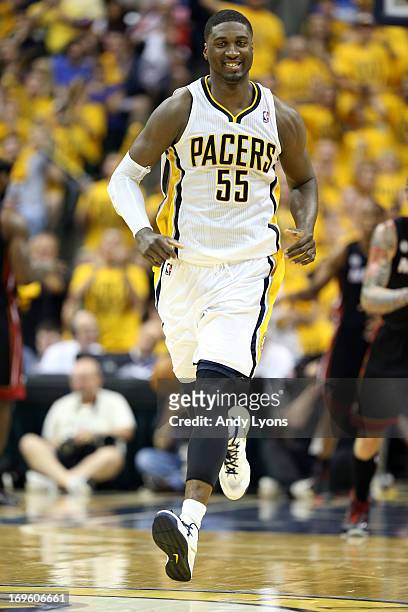 Roy Hibbert of the Indiana Pacers reacts in the secon dhalf against the Miami Heat during Game Four of the Eastern Conference Finals of the 2013 NBA...
