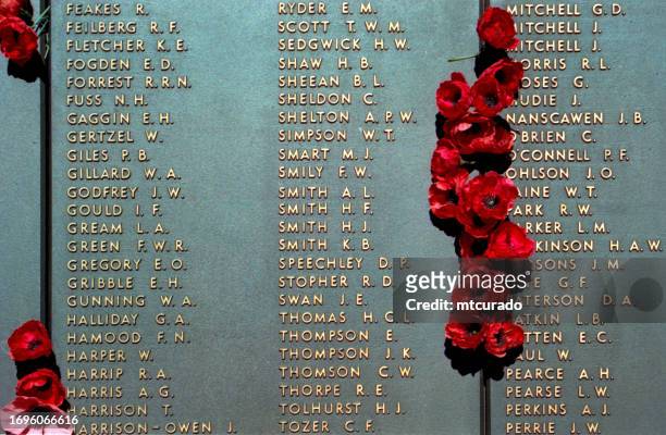 roll of honour with red poppies, australians lost in war, australian war memorial, canberra - shrine of remembrance stock pictures, royalty-free photos & images
