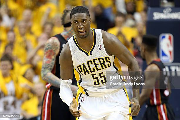 Roy Hibbert of the Indiana Pacers reacts in the secon dhalf against the Miami Heat during Game Four of the Eastern Conference Finals of the 2013 NBA...