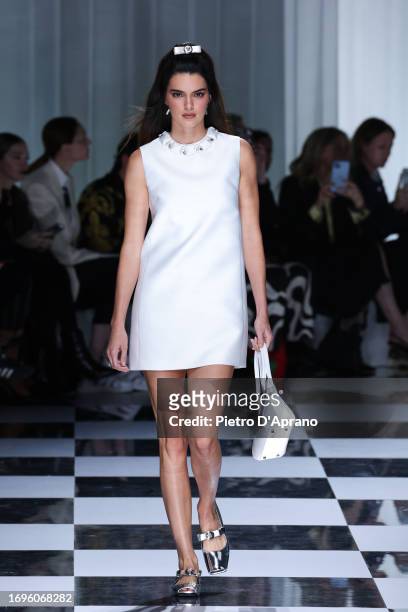 Kendall Jenner walks the runway at the Versace fashion show during the Milan Fashion Week Womenswear Spring/Summer 2024 on September 22, 2023 in...
