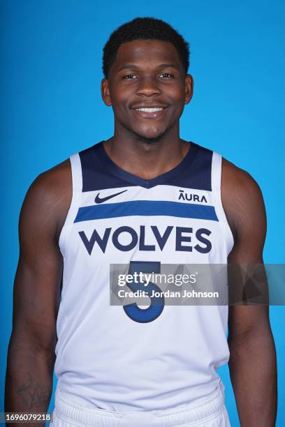 Anthony Edwards of the Minnesota Timberwolves poses for a portrait during 2023 NBA Media Day on September 28, 2023 at Target Center in Minneapolis,...