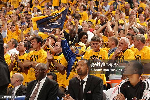 Indiana Pacers fans celebrate in Game Four of the Eastern Conference Finals against the Miami Heat during the 2013 NBA Playoffs on May 28, 2013 at...